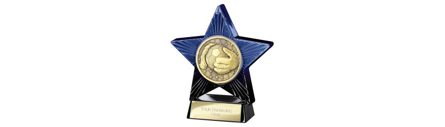 SUPERSTAR BLUE FOOTBALL GOALKEEPER RESIN TROPHY - 2 SIZES - 11CM & 14CM SUPERSTAR BLUE FOOTBALL GOALKEEPER RESIN TROPHY - 2 SIZES - 11CM & 14CM